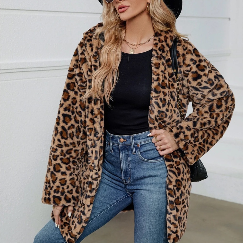 Leopard animal Print Faux Fur Coat teddy oversized hooded